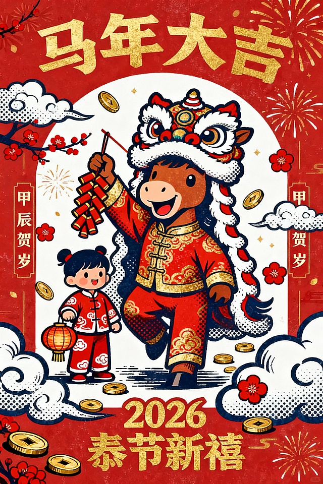 国潮风与拟人化马年主角结合，卡通感十足，喜庆红金配色搭配印刷风纹理，鎏金文字点缀，传递2026春节新禧的吉祥氛围。