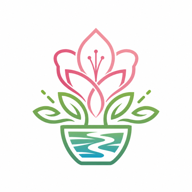 将四张图片中的LOGO元素融合成一个全新的LOGO，保留杜鹃花瓣线条设计，融合盆栽电商风格，简约清新预览效果