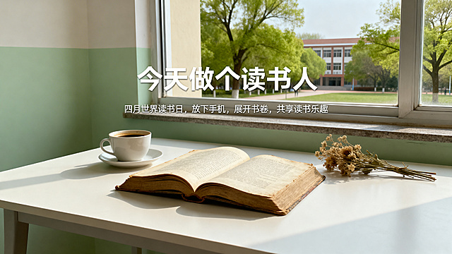 世界读书日校园宣传网页封面，干净简约的桌面，摊开一本旧书，旁边放着咖啡和干花，窗外是春日校园绿树，主标题"今天做个读书人"，副标题"四月世界读书日，放下手机，展开书卷，共享读书乐趣"，整体风格文艺清新，简约静谧，无人物，适合网页宣传。