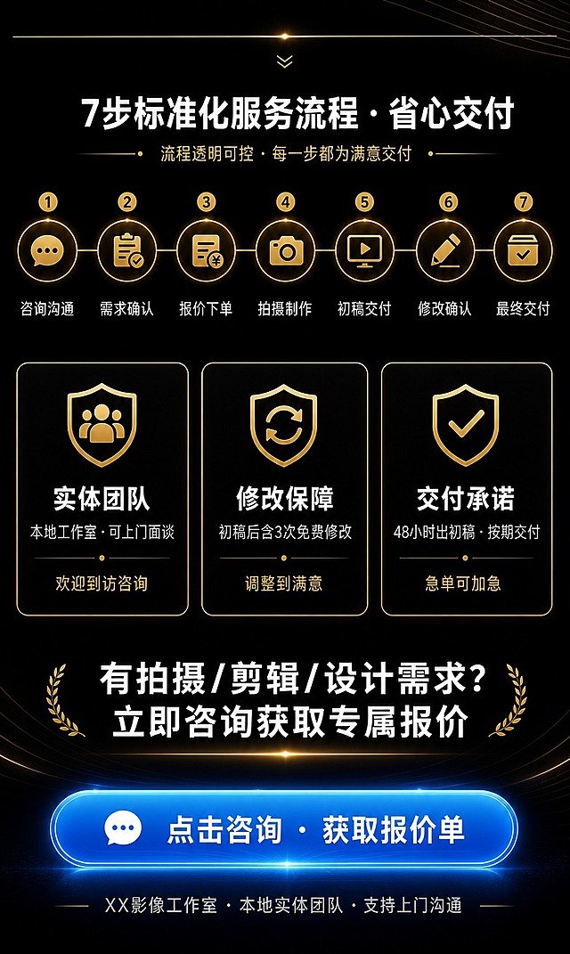 [商品] 影像工作室服务流程+信任背书+咨询引导收尾页，非实物服务类，无产品图需保留；7步服务流程+三大信任保障+转化按钮。
[画面] 目标：最终收口，强化信任并引导咨询转化；构图：上半部分7步服务流程（横向排列，金色圆形图标+文字，细线连接），下半部分三栏信任背书，底部大按钮+咨询引导；顶部金色细线分隔；阅读动线：从上到下，先看流程再看保障最后点击按钮；前中后景：前景按钮与文字，中景流程图标+信任卡片，背景深空黑+金色装饰线。
[视觉] 套系策略：风格=工作室官网感深色高级商业设计；标题字=思源黑体 Bold；正文字=思源黑体 Regular；主色=深空黑 #0D0D0D；背景延展=纯深空黑底色，多处金色细线分隔层次；强调色=香槟金 #C9A96E，用于图标、分隔线、信任卡片边框；科技蓝 #2F80ED 用于底部主按钮；标题色=白色 #FFFFFF；正文色=浅灰 #CCCCCC；辅助色=香槟金 #C9A96E；组件=金色圆形图标、金色细线、三栏卡片、蓝色大按钮；光影=按钮有发光效果，图标有微弱金色光感。
[文字] 上半部分标题（白色）：「7步标准化服务流程 · 省心交付」；7步横向（金色圆形图标+下方白色文字）：咨询沟通 → 需求确认 → 报价下单 → 拍摄制作 → 初稿交付 → 修改确认 → 最终交付；步骤间用金色细线连接；
下半部分三栏信任背书（每栏金色细边框，黑底）：
左栏：图标+标题「实体团队」+正文「本地工作室 · 可上门面谈」+底部金色小字「欢迎到访咨询」；
中栏：图标+标题「修改保障」+正文「初稿后含3次免费修改」+底部金色小字「调整到满意」；
右栏：图标+标题「交付承诺」+正文「48小时出初稿 · 按期交付」+底部金色小字「急单可加急」；
底部大标题（白色大字）：「有拍摄/剪辑/设计需求？立即咨询获取专属报价」；
底部科技蓝圆角大按钮（白色文字）：「点击咨询 · 获取报价单」；
最底部灰色小字：「XX影像工作室 · 本地实体团队 · 支持上门沟通」；
所有文字横排，层级清晰。
[规格] 淘宝手机端竖版详情图，比例约1:2竖版（较长），宽度适配移动端，4K分辨率，避免文字过小、错字、杂乱元素、亮色背景、低俗内容、极限词。