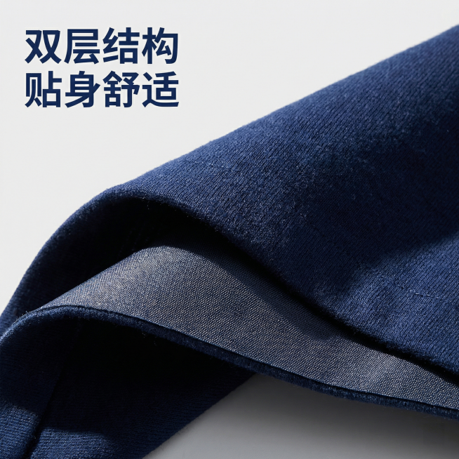 [主图 3] 材质细节展示
特写放大展示藏青蓝老年隔尿裙的双层结构面料，上层是亲肤棉质纹理，下层是防水透气膜，背景为浅灰色，光线从侧面打光突出纤维纹理和层次感。
左上角文字 "双层结构 贴身舒适"，字预览效果