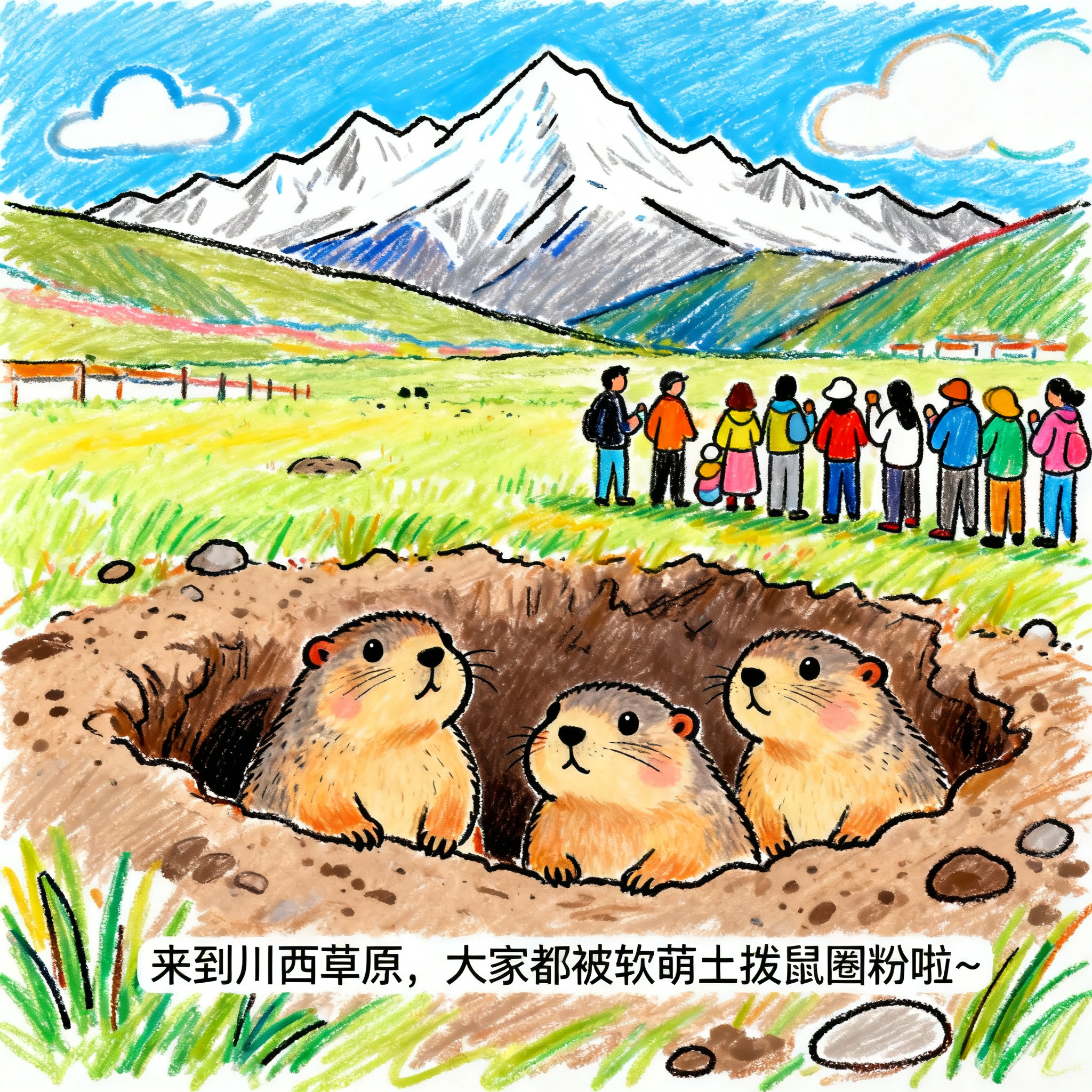 软萌卡通风格，康定新都桥近郊草原场景，远处贡嘎雪山，蓝天白云，… - 图片创意预览