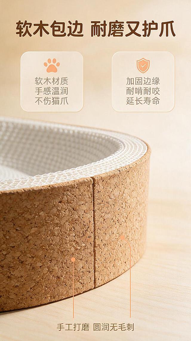 [商品] 使用【图3】椭圆碗形软木猫薄荷白牛卡猫抓板侧面视角；保留软木包边的颗粒质感、侧面厚度、瓦楞纸与包边的拼接结构；商品处理：去除原桌面背景，放大软木包边区域做局部特写，增强软木的自然纹理和触感质感，突出包边工艺细节。
[画面] 页面目标：工艺亮点展示，突出软木包边的优势；构图：竖版9:16，产品侧面局部特写占画面上半部分55%，聚焦软木包边与瓦楞纸衔接处，下半部分左右分两个小卖点卡；景别：细节特写；前中后景：前景软木包边微距（清晰可见软木颗粒纹理）、中景产品侧面弧度、后景暖米色渐变背景；阅读动线：上方工艺特写→下方双卖点解读。
[视觉] 套系策略：风格=温馨治愈宠物家居商业摄影风；标题字=圆润粗黑体；正文字=简洁圆角无衬线体；主色=暖木色（米棕）；背景延展=基于暖木色做深浅层级、同色渐变和细腻木纹/纸质质感；强调色=奶橘色，仅用于小面积图标、引线和标签；标题色=深棕褐色；正文色=中暖灰；组件=圆角浅底信息卡、细线引线、爪印小图标；光影=侧上方暖柔光，突出软木纹理凹凸感。
[文字] 顶部主标题"软木包边 耐磨又护爪"，下方两个圆角信息卡：左侧"软木材质 手感温润 不伤猫爪"配爪印图标，右侧"加固边缘 耐啃耐咬 延长寿命"配盾牌图标；底部小字补充"手工打磨 圆润无毛刺"；文字全部横向排版。
[规格] 图片比例9:16竖版，resolution=1K，避免变形、错字、文字过小、冷蓝背景、产品颜色改变、结构失真、极限词。