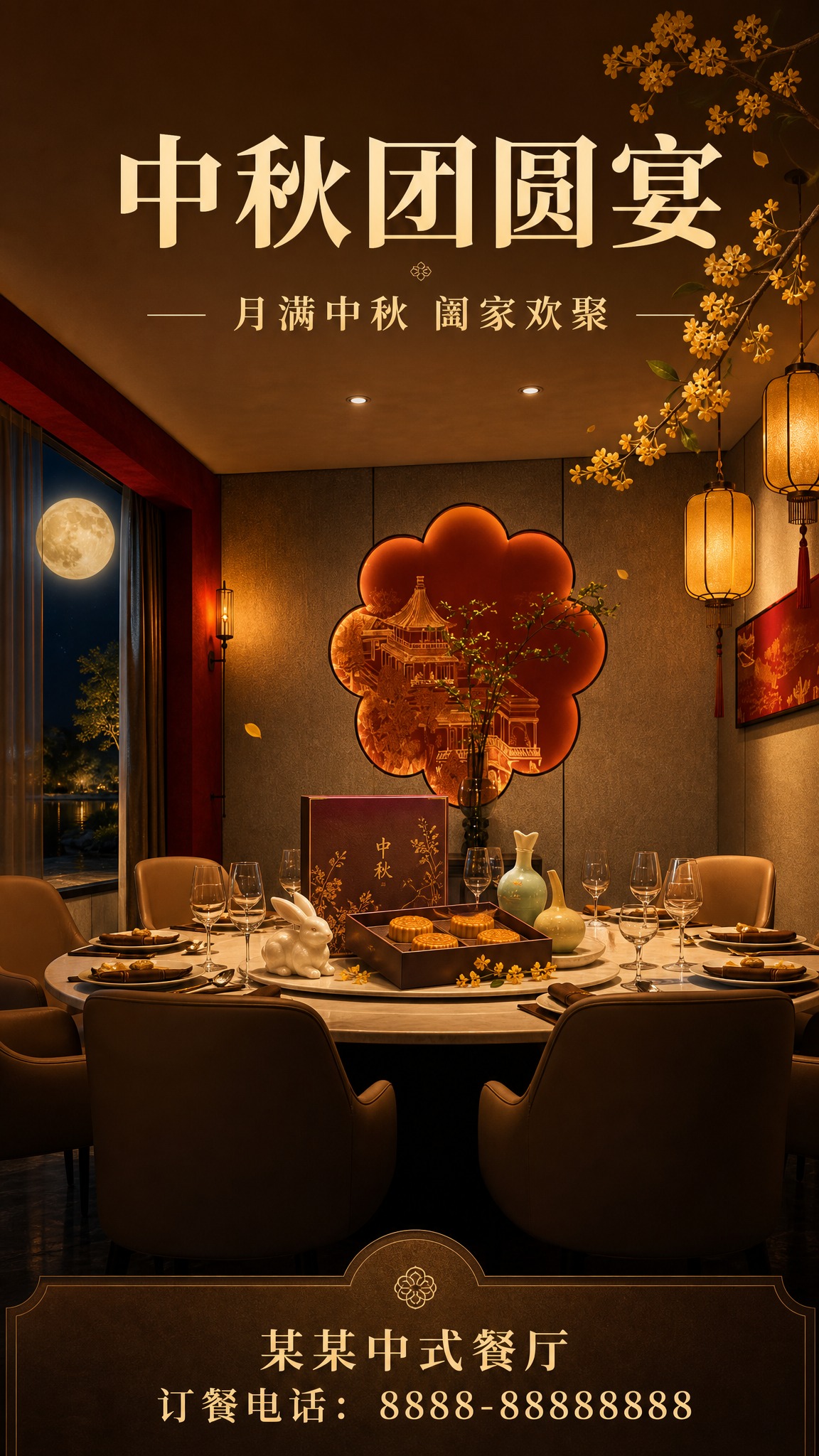 基于这张中式餐厅包厢图片，生成高级感中秋节餐馆宣传海报。保留餐… - 图片创意预览