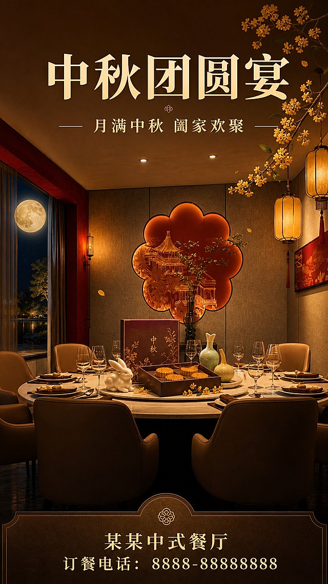 基于这张中式餐厅包厢图片，生成高级感中秋节餐馆宣传海报。保留餐厅包厢圆桌与雅致中式装修，整体色调为高级暖金与深棕配色，质感奢华。融入中秋节元素：窗外悬挂一轮皎洁满月，桌上摆放精致月饼礼盒、雅致酒具与玉兔摆件，墙面点缀中式灯笼与桂花枝装饰，暖光射灯营造温馨高级氛围。画面上方添加正楷体大字标题"中秋团圆宴"，字体端正大气不花哨，下方配正楷体副标题"月满中秋 阖家欢聚"，底部预留餐馆名称与订餐电话位置。竖版构图，高级质感，字体全部使用正楷体，端庄大气，适合高端餐馆中秋节宣传。
