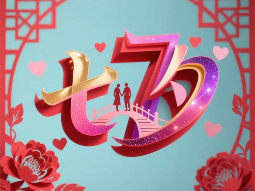 字体为多层朱红剪纸风格，“七”字切割出鹊桥廊道，“夕”字套叠银河剪影，每层透出不同色光（金/粉/紫），旋转时显现牵手情侣剪影，漂浮的爱心剪纸与背景牡丹窗花构成光影迷宫，纯色背景，颜色干净预览效果
