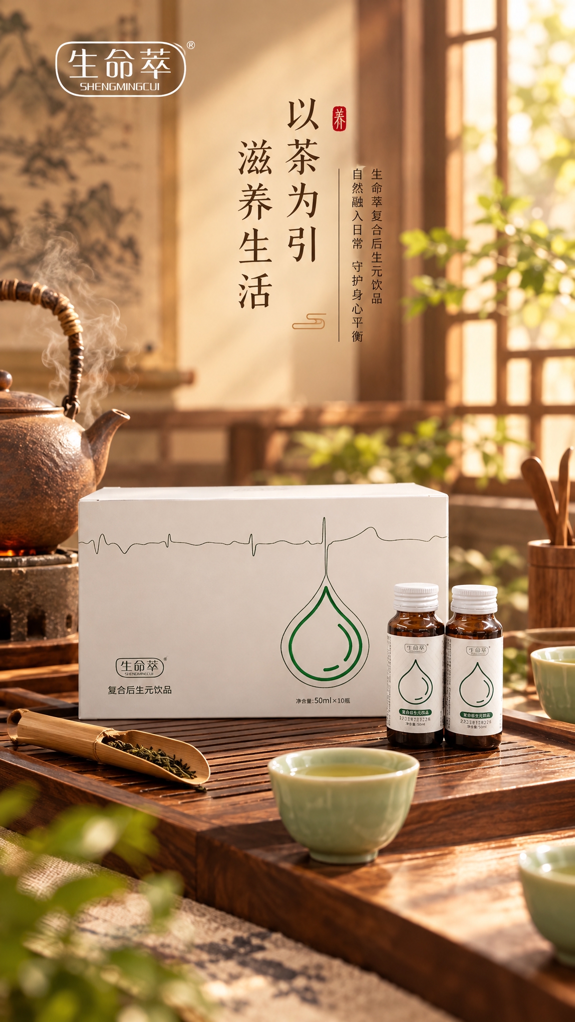 以图中的生命萃复合后生元饮品产品（白色礼盒+两支棕色口服液瓶）… - 图片创意预览