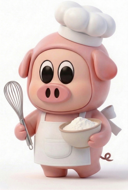 保持小猪现有表情完全不变，调整它的动作，让身体姿态更自然活泼，比如身体微微侧转，拿着打蛋器的手稍微抬起，抱面粉盆的手做出更轻松的姿势，整体更有动态感，其他元素都保持不变预览效果
