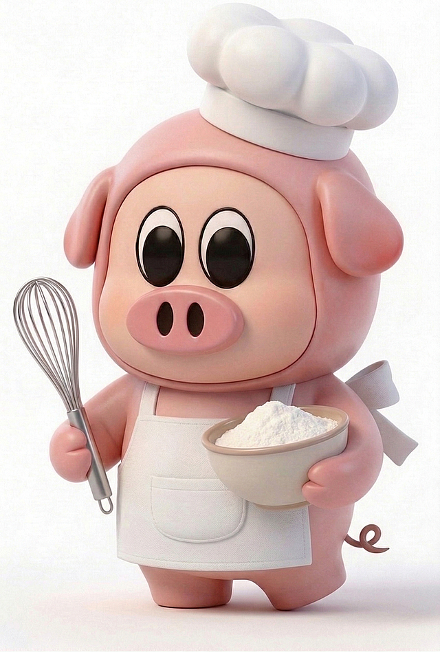 保持小猪现有表情完全不变，调整它的动作，让身体姿态更自然活泼，比如身体微微侧转，拿着打蛋器的手稍微抬起，抱面粉盆的手做出更轻松的姿势，整体更有动态感，其他元素都保持不变