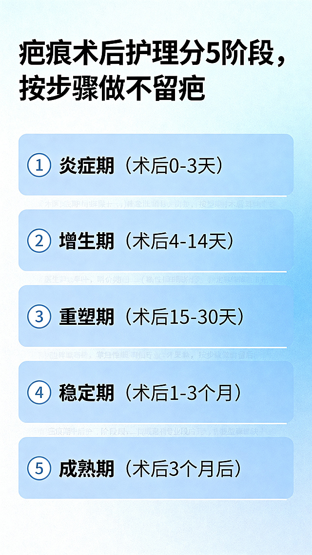 医疗科普图文封面，标题是“疤痕术后护理分5阶段，按步骤做不留疤”，清晰展示5个阶段名称和时间，简洁大方的医疗科普风格，9:16竖版，专业医生科普风格，清晰易读