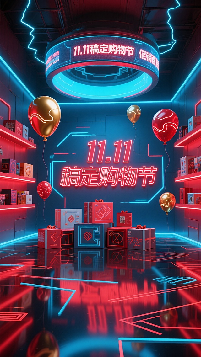 赛博朋克风3D场景，霓虹灯辉映未来感空间，几何线条勾勒虚拟现实购物节，红蓝光影交织，气球与礼盒悬浮，酷炫科技感十足，营造双十一促销狂欢氛围。