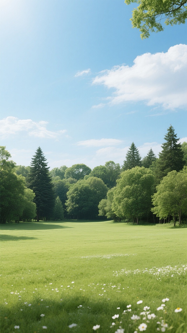 超高清写实户外场景摄影，开阔的绿色草地占据画面主体，前景点缀白色小花，中景是茂密的多层次树林，包括高大的松树和繁茂的阔叶树，背景是晴朗的蓝天飘着少量白云，光线明亮柔和，阳光充足，色彩鲜明饱和，绿色草地呈现自然的光影渐变，整体氛围宁静开阔，充满生机与自然气息。