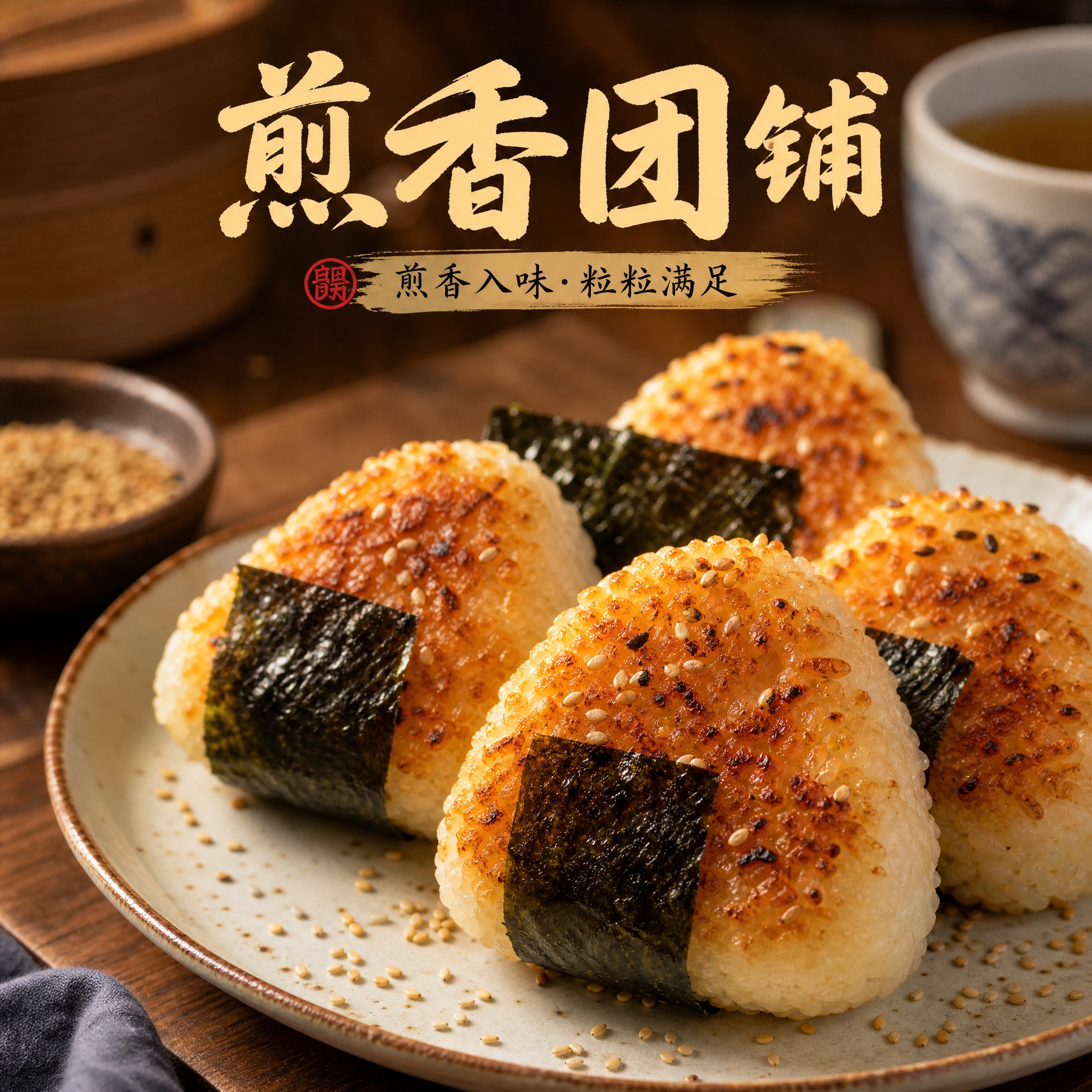 美食头像设计，店名"煎香团铺"，画面中央是一盘刚煎好的金黄香煎… - 图片创意预览