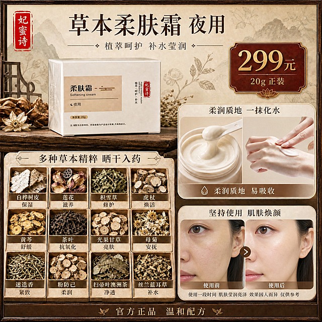 基于这张草本柔肤霜主图进行修改：

1. 将中部标题"十二味草本精粹 晒干入药"改为"多种草本精粹 晒干入药"

2. 将底部的手背前后对比图，改为人脸部上脸使用前后对比：
   - 左侧"使用前"：展示女性半脸（脸颊部位），皮肤偏暗沉、略显干燥粗糙，自然真实不夸张
   - 右侧"使用后"：同一位女性同角度半脸，皮肤更水润透亮、有光泽，状态明显更好
   - 保持中间箭头和"使用前/使用后"标注
   - 底部小字保留"使用一段时间 肌肤莹润亮泽 效果因人而异 仅供参考"
   - 人物为东亚女性，25-35岁，自然妆容感，皮肤对比真实自然，严禁过度PS夸张效果
   - 对比区域标题"坚持使用 肌肤焕颜"保留

3. 其他所有元素保持不变：产品盒、价格299元、草本成分格、质地区、品牌印章、背景风格、整体布局配色全部与原图一致

4. 保持中药国风风格不变，米黄宣纸背景、深棕色木质元素、整体古朴温润氛围