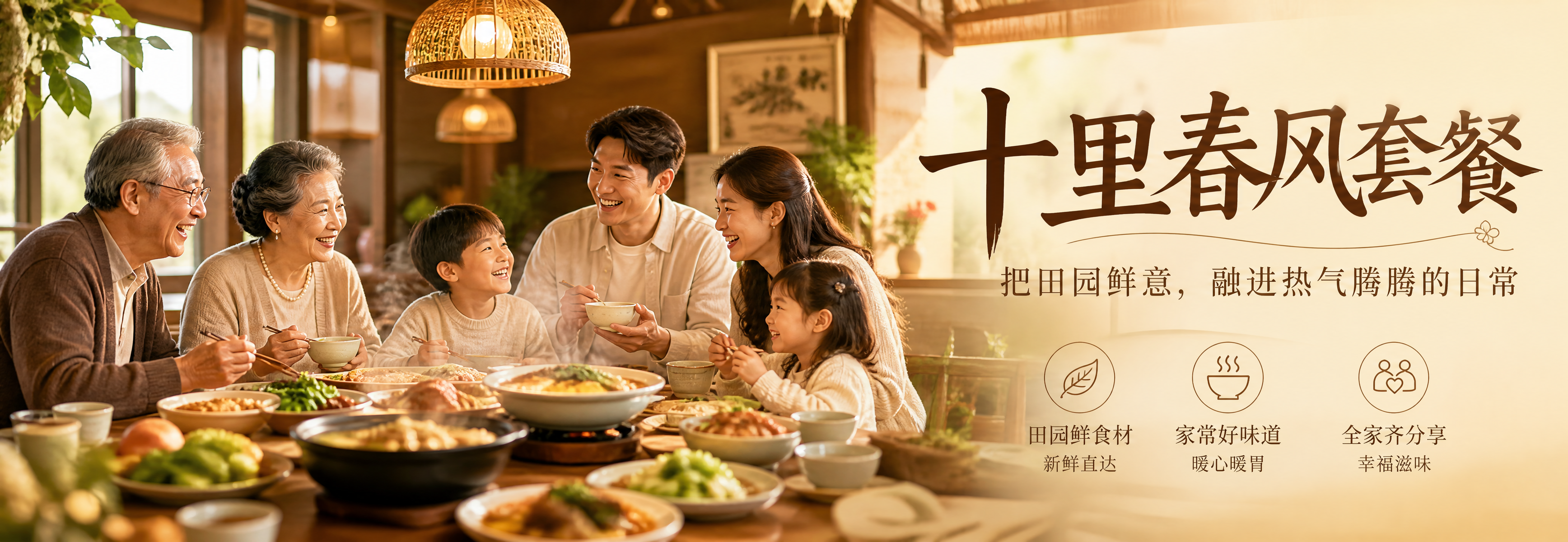 一张温馨大气的餐饮宣传横幅图，画面主体是一家老小围坐在餐桌旁其… - 图片创意预览