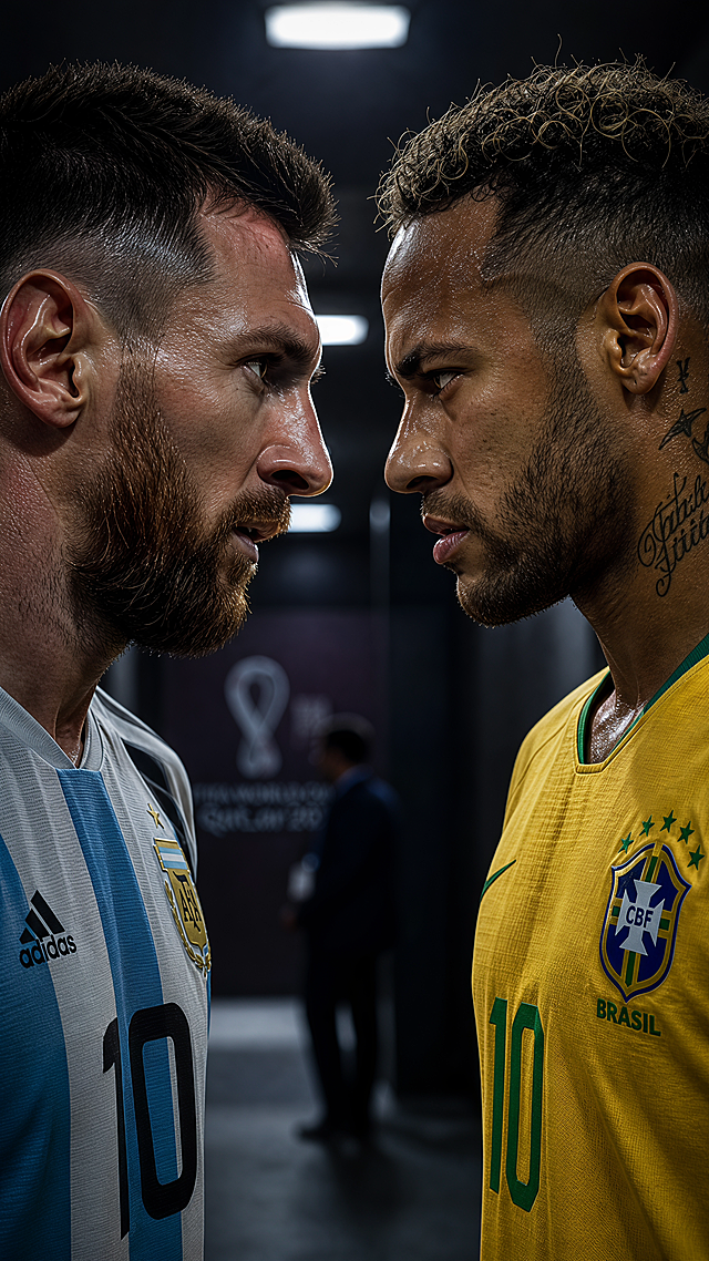 Extreme close-up of Harry Kane and Lionel Messi facing each other in a stadium tunnel, dramatic side lighting, intense stare-down, shallow depth of field, 4k cinematic, epic atmosphere, FIFA World Cup 2026 semifinal