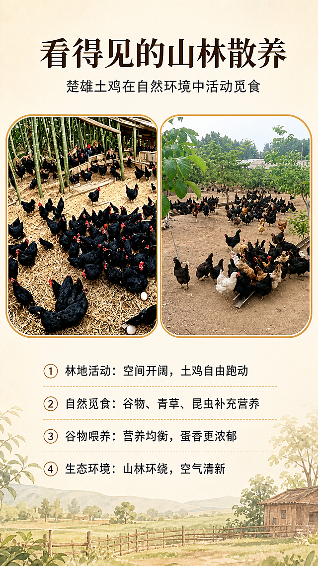 优化这张楚雄土鸡蛋详情页，保留整体版式结构和左侧竹林散养鸡图片，将右侧圆角框内的图片替换为【图2】中的林间散养鸡群实景照片（大片鸡群在树林沙土地上活动的场景）。顶部保留主标题"看得见的山林散养"和副标题"楚雄土鸡在自然环境中活动觅食"。删除中间所有错乱模糊的"山野笔记"乱码文字，只保留下方一组清晰的4条卖点，文字修正为：1 林地活动：空间开阔，土鸡自由跑动 2 自然觅食：谷物、青草、昆虫补充营养 3 谷物喂养：营养均衡，蛋香更浓郁 4 生态环境：山林环绕，空气清新。整体米黄色暖调底色，田园自然风格，文字清晰工整，排版干净整洁，去除右下角水印，两张圆角图片大小一致，左右对称布局，光影柔和自然。