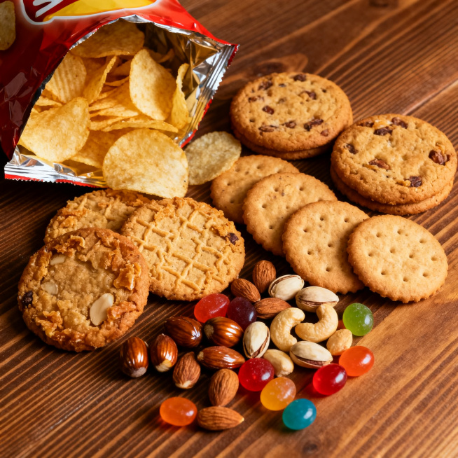 美味可口的零食大合集，包含薯片、饼干、坚果和糖果，摆放在木质桌面上，暖光照明，温馨氛围，高清写实风格预览效果