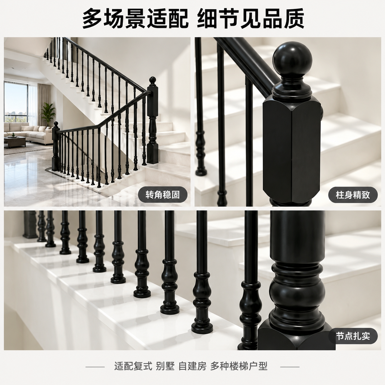 [主图-4] 黑色铁艺楼梯扶手多场景节点细节展示，任务是展示产… - 图片创意预览