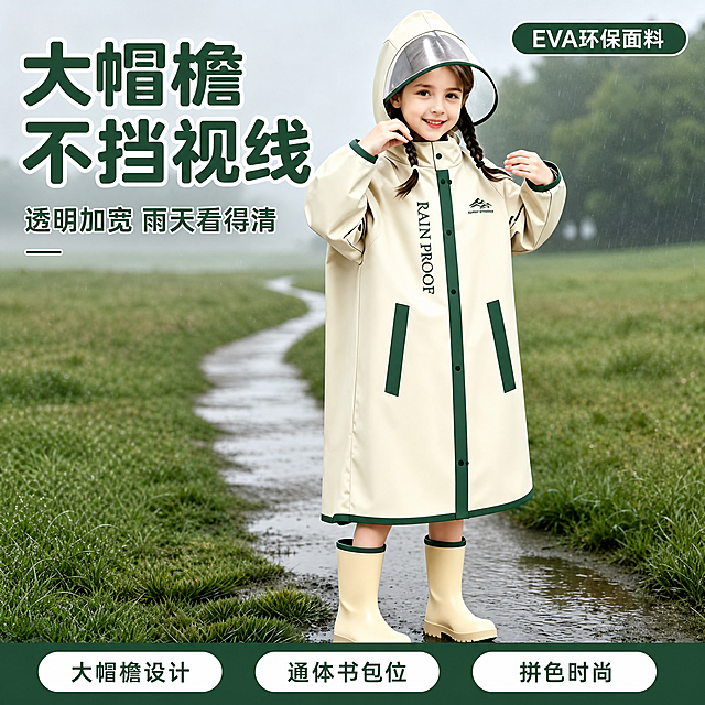 [主图-1] 儿童拼色雨衣户外场景英雄首图，突出大帽檐与拼色设计。
[氛围风格] 清新自然户外感，柔和雨天氛围，安全安心亲子感，商业摄影质感。
[画质] 超高清商业摄影质感、光线柔和通透、产品清晰真实、画面干净高级。
[元素] 画面中央是一位6-8岁的可爱小女孩，扎双麻花辫，身穿米白色拼墨绿色儿童雨衣，脚穿同色系雨靴，站在雨后的草地小径水洼旁，面带微笑看向镜头，双手轻扶帽檐。雨衣正面完整展示，米白主体+墨绿色门襟、口袋、袖口包边、下摆包边的拼色设计清晰可见，胸前有山峰小logo和RAIN PROOF字样，透明大帽檐高高撑起，帽型宽大不挡视线。背景是雨后的绿色草地与蜿蜒小径，远处有朦胧树林与薄雾，地面有积水倒影，雨滴轻柔飘落。**保持雨衣外观（即物理结构、材质质感、颜色、拼色位置、logo位置）与输入产品图绝对一致，杜绝任何变形和色差，精细化处理**。商品主体占比约70%，画面满屏无边框。画面禁止出现多余的手、多余的手指、畸形手、融合手指、手部扭曲、肢体穿模、人物面部扭曲、关节反折。
[光影] 阴天柔和散射光为主，整体明亮通透，雨衣EVA材质有细腻哑光质感，帽檐透明处有轻微反光，地面水洼有柔和倒影，光比舒适无硬阴影。
[配色] 主色奶油白+墨绿（取自雨衣拼色）；辅色草地浅绿+天空灰蓝；强调色白色（文字）。
[视角构图] 平视正面视角，人物居中略偏右，左侧留出文案负空间；景深中等，背景朦胧虚化突出主体。
[文字版式] 左上负空间左对齐，主标题大字粗体圆润无衬线：「大帽檐 不挡视线」，墨绿或白色描边；下方辅助小字：「透明加宽 雨天看得清」。右上圆角胶囊标签：「EVA环保面料」。底部通栏三个圆角卖点胶囊从左到右：「大帽檐设计」「通体书包位」「拼色时尚」，白字深绿底或深绿字白底。文字清晰可读，不遮挡人脸和雨衣主体。
[输出要求] 1:1比例，文字清晰锐利，超高清商业摄影质感。
[负向提示词] 变形，文字错乱，产品图模糊，背景杂乱，水印，电商平台Logo，多余手指，手部畸形，面部扭曲。