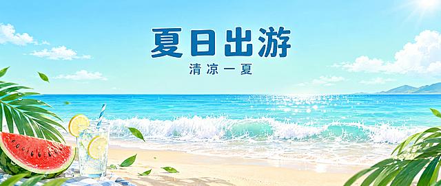 公众号首图，清新夏日主题横向超宽构图（约 2.35:1）。整体为清爽治愈系的扁平质感插画风格，画面层次干净、色彩明快通透。画面内容：自上而下是清透的天蓝到薄荷青绿的柔和渐变天空，点缀几朵轻薄白云；中景为碧蓝海面与一道洁白细腻的浪花，海平面上有明亮日光与细碎光斑；沙滩呈浅米金色，近景角落点缀椰子树叶、半个红瓤西瓜、一杯带柠檬片与冰块的气泡水以及几片飘落的绿叶，带清凉水珠感。暖阳明亮但不刺眼，整体清爽、干净、有夏日出游的轻松度假氛围。版式简约，四边留足安全边距，画面中上方保留大面积干净留白区域用于承载标题文字。文字：主标题“夏日出游”位于画面中上方居中，使用清新有力、笔画干净的现代中文字体，字号大、清晰醒目，颜色为深青蓝色并带极细白色描边，与浅色天空形成强对比；主标题正下方为副标题“清凉一夏”，字号约为主标题的三分之一，间距舒展、排列整齐、颜色略浅。文字一律横排居中，不拉伸压扁、不倾斜、不遮挡主要画面元素。画面中所有文字必须逐字准确渲染，不得出现错字、漏字、乱码、拼音、繁体替换或自造文字；除“夏日出游”与“清凉一夏”外，画面中不得出现其他任何文字、水印与 logo。超高清画质，边缘干净，无杂乱元素。
