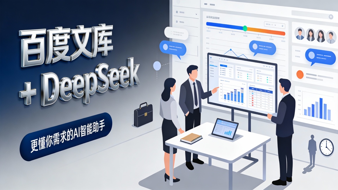 这是一张融合科技与商务协作人文的 AI 产品宣传图，采用左文右图版式。左侧以深海蓝到浅灰的专业渐变背景，衬托巨大的银色立体字 “百度文库 + DeepSeek”，下方是深蓝色圆角按钮，内写 “更懂你需预览效果