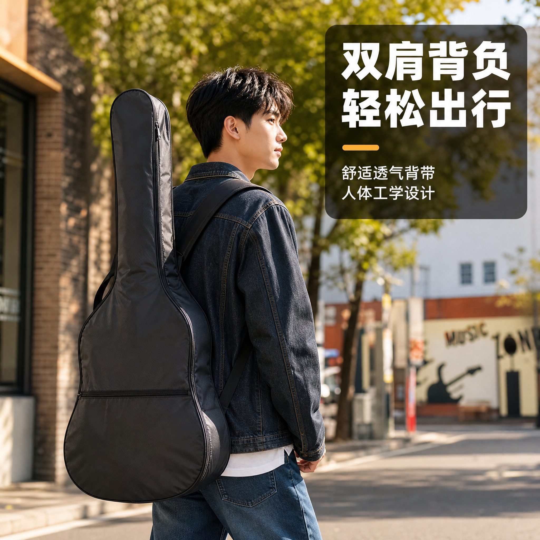 [主图-2] 主题：吉他包背负方式展示，真人模特背琴包行走场景… - 图片创意预览
