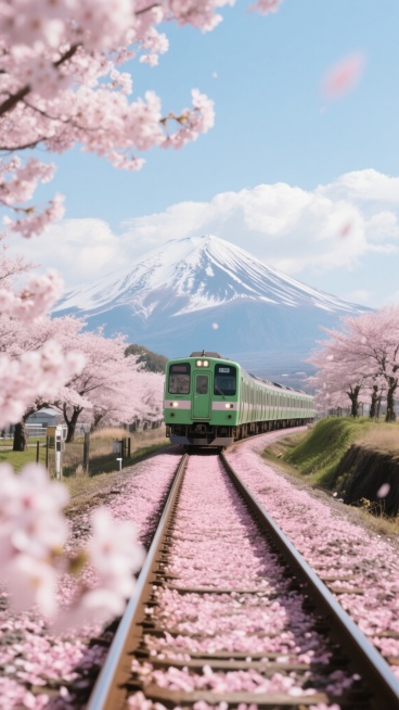 日本风景，高清摄影，大师级摄影作品，一辆绿色的列车行驶在铺满粉色樱花花瓣的铁轨上，铁轨两旁是盛开的粉色樱花树，远处是连绵的雪山，天空中飘着白色的云朵，整体色调清新明亮，光影柔和，构图采用三分法，前景的樱花形成自然的框架，中景的列车作为视觉焦点，背景的雪山和天空营造出深远的空间感，画面充满春天的气息和宁静美好的氛围，摄影质感细腻，细节清晰，色彩和谐，具有极高的艺术美感和视觉冲击力。预览效果