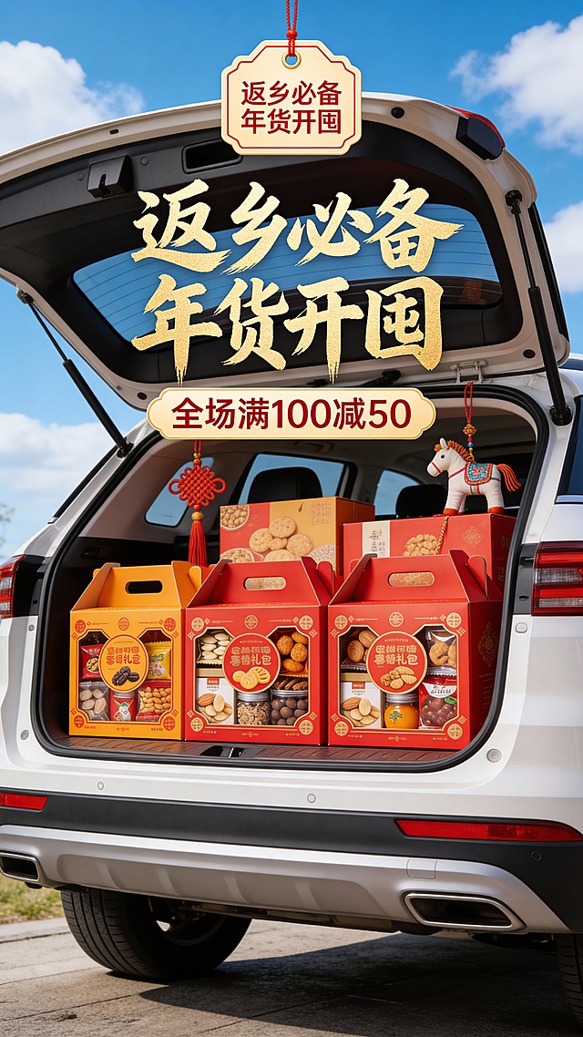 3D写实风，中景，视觉中心是一辆suv车的后备箱。主体被复制多个堆满后备箱（占画面比40%）。后备箱装饰中国结、布艺小马挂坠等过年元素。背景为户外蓝天白云，顶部喜庆感吊牌文本框中展示鎏金毛笔大字“返乡必备 年货开囤”，副标题位于主标题下方展示文字“全场满100减50”，突出春节氛围感。