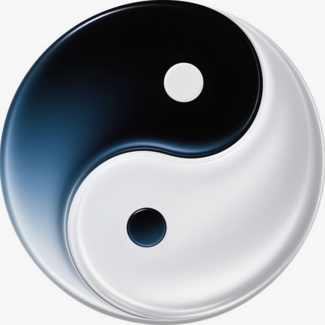一个具有现代抽象风格的太极图案，保持经典的黑白阴阳鱼形态和相互环抱的动态平衡结构，但采用渐变色彩替代纯黑白色，黑色部分融入深蓝到墨黑的渐变，白色部分融入珍珠白到浅灰的渐变，边缘带有柔和的光晕效果，整体呈现出细腻的金属光泽质感，背景为纯白色，图案线条流畅且具有微妙的立体浮雕感，营造出既传统又现代的视觉张力。预览效果