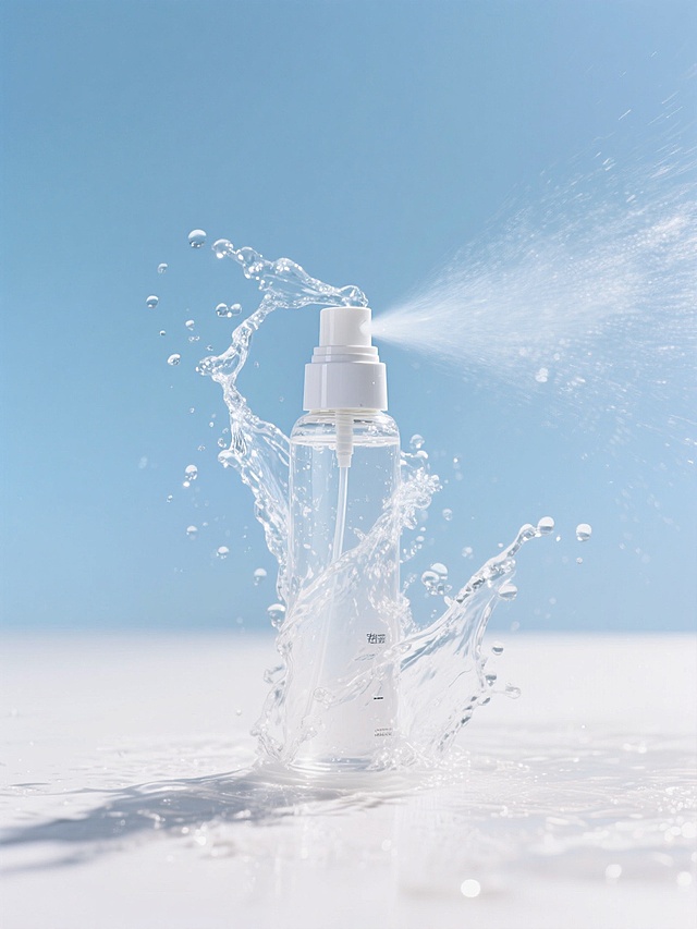 一支补水喷雾的特写，被包裹在一股泼溅的水中（从地面泼溅而起，激起水花，水花晶莹剔透，折射着光线），背景是蓝天