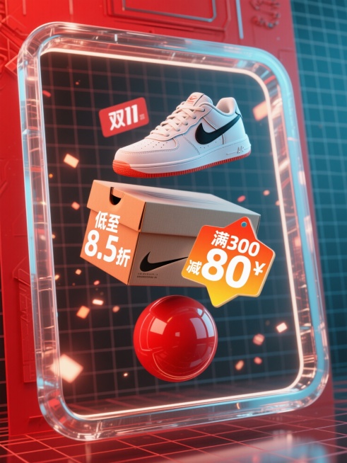 3D电商促销竖版海报，双11大促主题，红色科技感背景框架，悬浮的男鞋产品、鞋盒与红色球体、促销标签“低至8.5折”“满300减80”组合，整体风格科技感十足，色彩鲜明，促销氛围强烈，细节丰富，商业设计预览效果