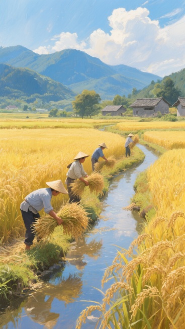 印象派风格油画，金黄色的稻田占据画面主体，稻穗饱满，在阳光照耀下闪耀着温暖的光泽，田埂上几位戴着斗笠的农人正弯腰收割，手中抱着捆扎好的稻束，神情专注，一条蜿蜒的小溪从稻田中穿过，溪水清澈，倒映着周围的稻浪与天空，远处是连绵起伏的青蓝色山脉，山间点缀着几座灰瓦农舍，天空中飘着几朵洁白的云彩，阳光明媚，光影层次丰富，笔触厚重且富有质感，整体氛围宁静而充满丰收的喜悦，展现出田园生活的质朴与美好。预览效果