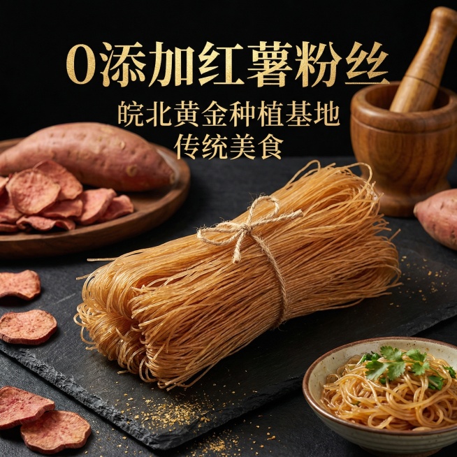以红薯粉丝为主体，搭配文案"0添加红薯粉丝，皖北黄金种植基地，传统美食"，制作成轻奢风格电商产品主图，使用深色质感背景和精致排版，提升产品高端感预览效果