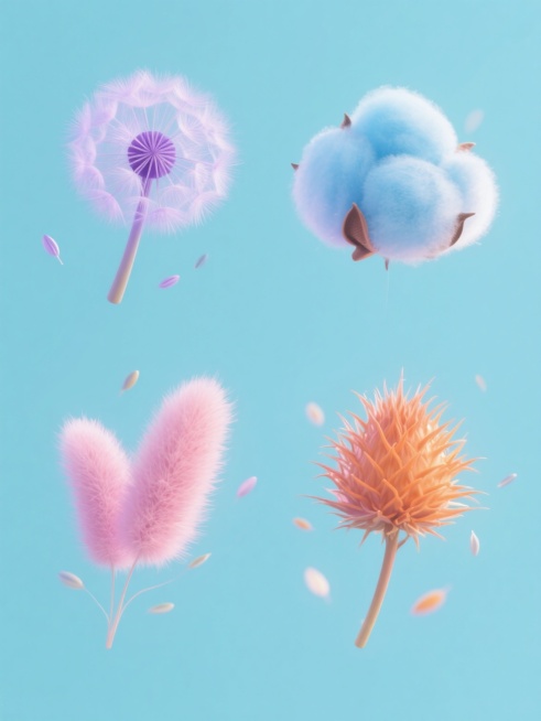 一组4个不同色彩的植物种子系列素材集合，每个素材保持相同的3D渲染风格，纯净的纯色背景，柔和的半透明质感，精致的绒毛细节和轻盈的悬浮姿态，元素分别为紫色蒲公英、蓝色棉花团、粉色柳絮和橙色蓟绒，规整排布，整体构图平衡，色彩明快清新，每个元素都有细微飘散的种子颗粒，光线从中心柔和发散，营造出梦幻轻盈的氛围。预览效果