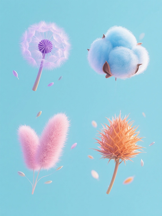 一组4个不同色彩的植物种子系列素材集合，每个素材保持相同的3D渲染风格，纯净的纯色背景，柔和的半透明质感，精致的绒毛细节和轻盈的悬浮姿态，元素分别为紫色蒲公英、蓝色棉花团、粉色柳絮和橙色蓟绒，规整排布，整体构图平衡，色彩明快清新，每个元素都有细微飘散的种子颗粒，光线从中心柔和发散，营造出梦幻轻盈的氛围。