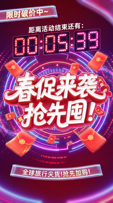 重新制作1080x1920尺寸的直播间背景，延续红粉霓虹风格，强化春促紧张氛围，添加动态感的倒计时数字、跳动的红包元素，背景加入渐变霓虹光带，底部保留“限时破价中~”“春促来袭 抢先囤！”“全球旅行尖预览效果