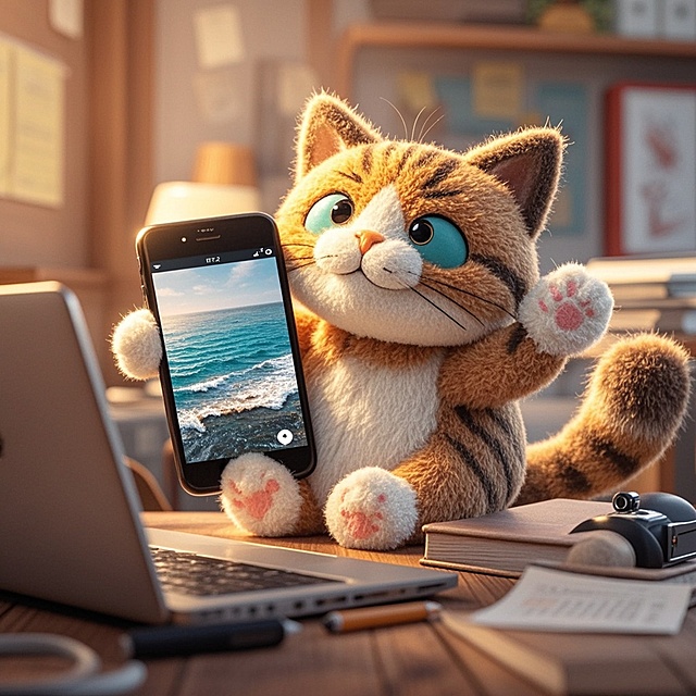 软3D风格的拟人猫咪手持手机展示海景，毛发生长细节细腻，卡通感十足，温馨趣味并存，营造出居家办公的可爱氛围。