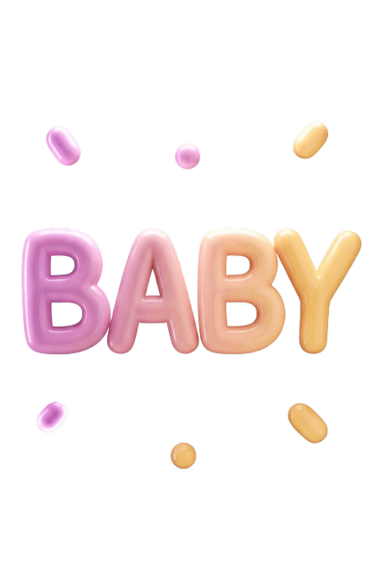 参考图风格生成膨胀充气气球质感的3D立体字母，字母内容是"BABY"，紫粉色渐变到暖黄色配色，白色背景，保留周围散落的同色系小装饰块，和参考图效果一致，3D立体， glossy光泽预览效果