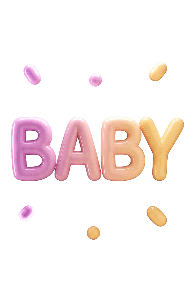 参考图风格生成膨胀充气气球质感的3D立体字母，字母内容是"BABY"，紫粉色渐变到暖黄色配色，白色背景，保留周围散落的同色系小装饰块，和参考图效果一致，3D立体， glossy光泽