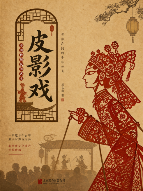 皮影戏主题的书籍封面设计，采用传统中式风格，牛皮纸质感背景，搭配红色皮影人物剪影，皮影轮廓细节清晰，整体构图沉稳雅致，书名设计融合皮影元素，充满中式传统文化氛围预览效果