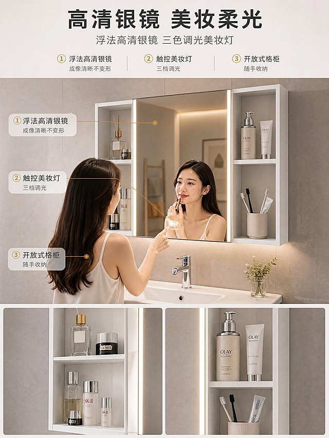 [商品] 使用【图1】惠达卫浴浴室柜HFL0611-8156D；保留镜柜（中间大镜面+左右开放式格柜）、主柜双开门+陶瓷盆结构，保留白色柜体、灰色镜面、银色五金颜色与材质，保留HUIDA Logo与触控点；商品处理：增强镜面高清反射效果与美妆灯发光质感，镜柜内部收纳空间清晰呈现，不改变结构比例。
[画面] 目标：功能细节演示，突出美妆灯+浮法高清银镜+镜柜收纳三大功能；上文下景版式，顶部约1/5文案区，中部为镜柜美妆灯点亮状态正面展示（一位亚洲女性手部轻触镜面开关、正在化妆的使用场景，人物占画面约20%），下方为镜柜左右格柜内部收纳物品特写（护肤品、洗漱用品摆放）；产品占画面约60%；阅读动线从上至下。
[视觉] 套系策略：风格=现代简约高级卫浴商业摄影；标题字=无衬线粗黑体；正文字=简洁无衬线体；主色=纯净白+浅灰；背景延展=基于白灰做深浅层级、同色渐变与哑光瓷砖/石材质感；强调色=暖金色，仅用于小面积图标、引线和标签；标题色=深炭灰；正文色=中暖灰；组件=圆角浅底信息卡、细线引线、胶囊卖点框；光影=暖白光美妆灯正面发光+环境暖柔光，突出镜面高清反射效果。
[文字] 顶部主标题「高清银镜 美妆柔光」（8字），副标题「浮法高清银镜 三色调光美妆灯」（13字），下方3条功能说明带引线标注：①浮法高清银镜 成像清晰不变形 ②触控美妆灯 三档调光 ③开放式格柜 随手收纳；文字不遮挡人脸与产品主体。
[规格] 图片比例3:4竖版，分辨率4K，quality=medium；避免变形、错字、文字过小、冷蓝/蓝灰背景、产品颜色改变、结构失真、极限词。