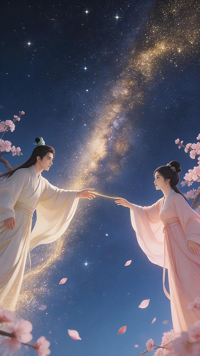 古风浪漫深情星河，男女主角分别在星河两岸，中间是漫天星光汇成的银河。两人伸手向对方的方向，指尖之间有微光相连。画面下方有桃花瓣随风飘落。色调为深蓝与金色，浪漫动人，无任何文字