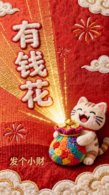 一幅以发财为主题壁纸，背景采用喜庆渐变红色刺绣，右下角一只笑得嚣张的毛绒小猫咪抱着一个大大炫彩的福袋，福袋里满满的金币金元宝。福袋口朝向主屏幕，福袋口金光射线发出。大大的“有钱花”羊羔绒主题字沿着射线预览效果