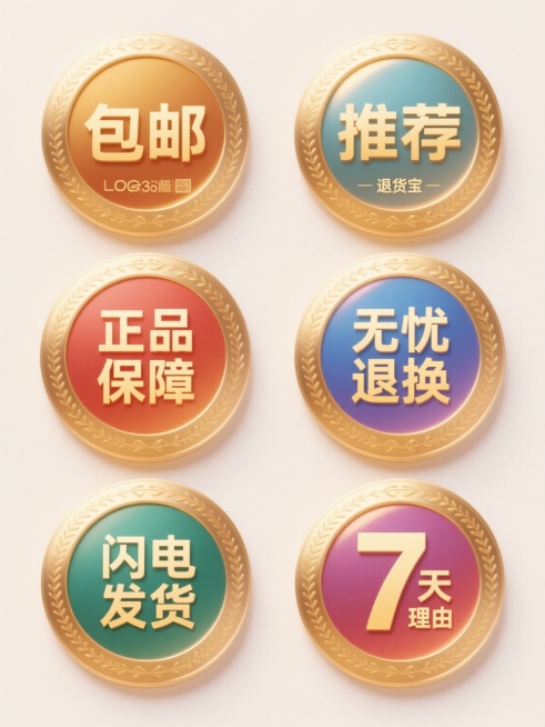 6个规整排布的促销标签，每个标签为单一纯色背景且颜色各不相同，标签内包含“包邮”“退货宝”“正品保障”“无忧退换”“闪电发货”“7天无理由”文字元素，整体采用金色圆形徽章的3D立体风格，具有金属质感的渐变光泽，边缘有精致的金色花纹装饰，中心文字为稳重的金色字体，类似“推荐”徽章的光影效果和质感表现，无LOGO、电话地址及二维码。预览效果