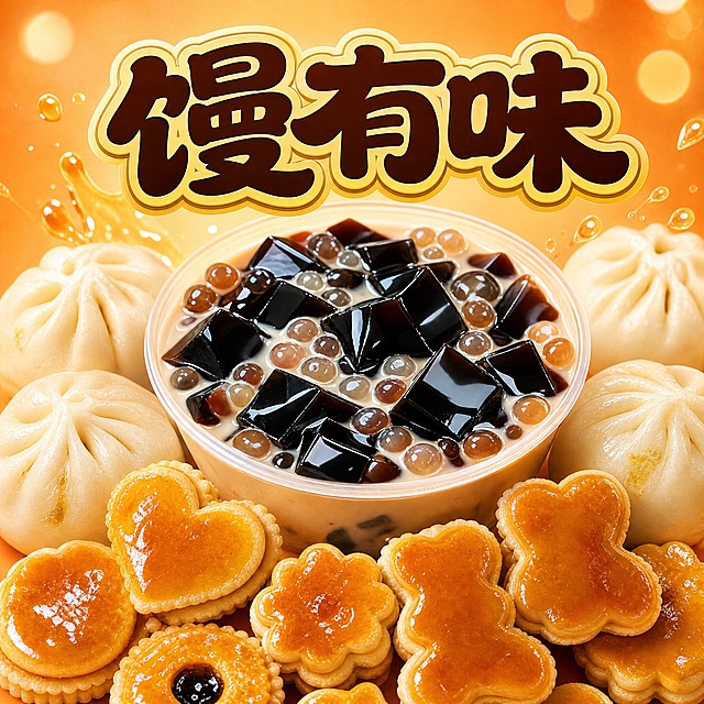 外卖店铺头像设计，1:1正方形，写实有食欲的糖水小吃风格。画面中心是一碗晶莹剔透的烧仙草糖水，周围环绕着几个白胖饱满的小笼包和几块造型可爱的焦糖味糕点（心形、花形、小熊形），食材新鲜诱人，糖水光泽感强，包子表皮松软有褶子，糕点表面焦糖色晶莹。背景是温暖的暖橙色渐变，带有柔和的光斑和糖水飞溅的小元素。画面上方有醒目的店铺名称文字"馒有味"，字体圆润可爱，颜色为深棕色带金色描边。整体风格写实商业摄影，暖色调，食欲感强，构图饱满居中，适合做外卖平台头像。画面中必须完整呈现文字"馒有味"。