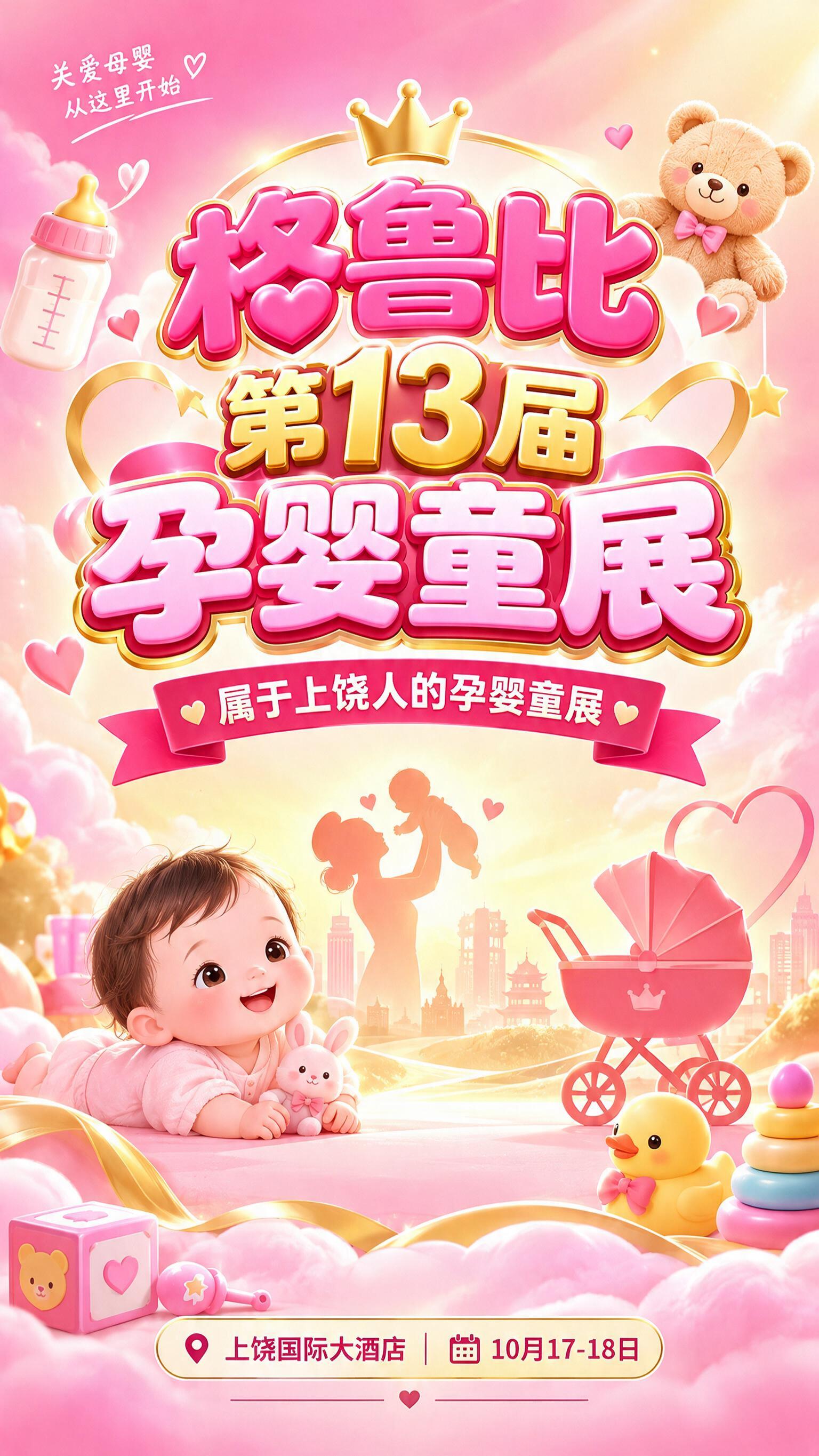 将这张格鲁比第13届孕婴童展粉色海报优化为超清画质，提升整体清… - 图片创意预览