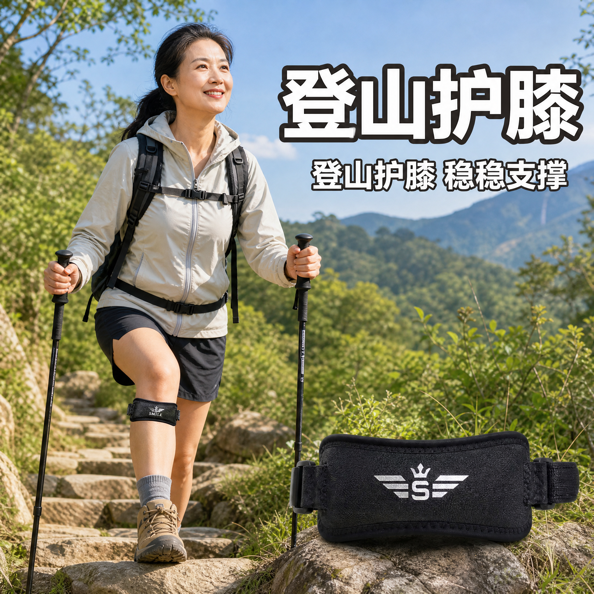 [主图2] 登山护膝商品主图，40岁左右中年亚洲女性为主角，山… - 图片创意预览