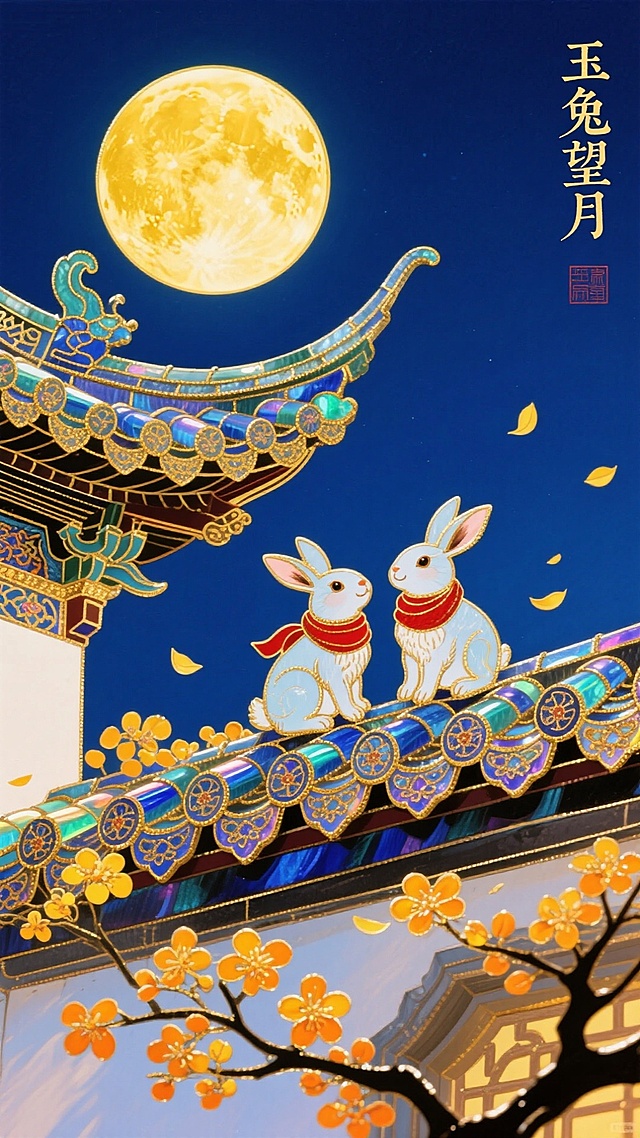 深蓝夜空、金黄色满月，采用低角度仰拍构图，前景为古建筑飞檐翘角(带传统花纹与琉璃瓦)、2只系红围巾的可爱兔子坐在古建筑的屋檐上、飘落的橙黄色桂花花瓣和左下角剪影树枝，营造典雅喜庆的"玉免望月"氛围，元素层级分明主次清晰。