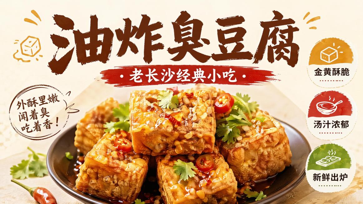小吃车贴布海报，简约食欲风，主标题"油炸臭豆腐"，副标题"老长沙经典小吃"，卖点标签：金黄酥脆，汤汁浓郁，新鲜出炉。浅色干净背景，中间特写成品臭豆腐，点缀少量香菜辣椒，版式精美，16:9横版长方形，清预览效果